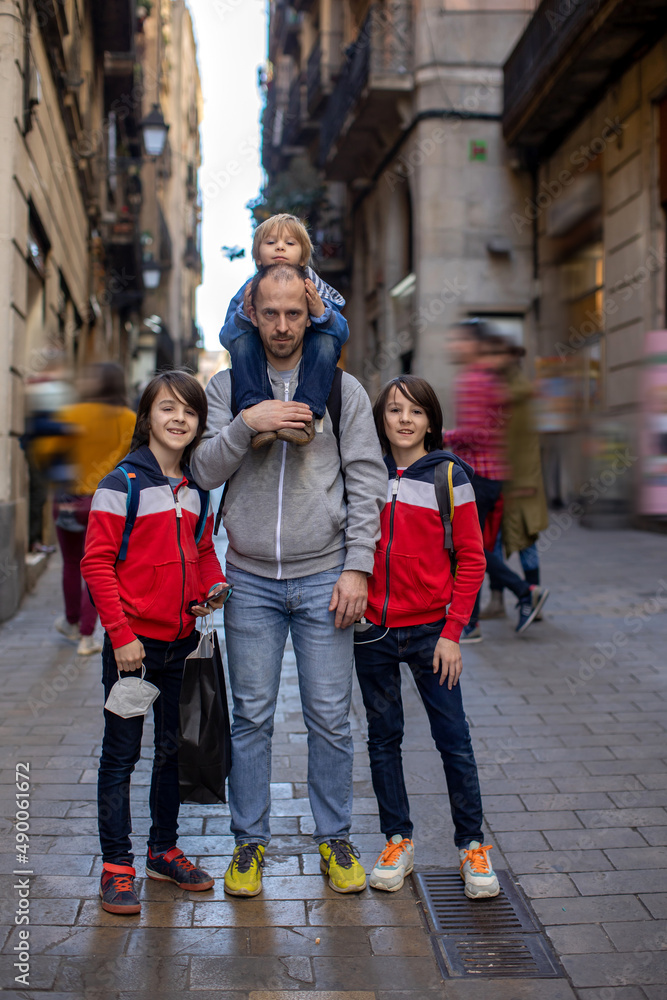 Sticker cute little children tourists admiring barcelona city, family travel with kids