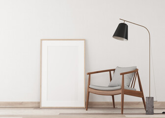 Image 3D. White wall with empty frame. Front view with light colored parquet. Decorative brown armchair and black steel lamp. Light natural