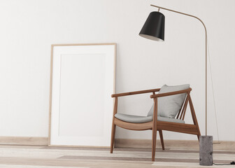 Image 3D. White wall with empty frame. Profile view  with light colored parquet. Decorative brown armchair and black steel lamp. Light natural