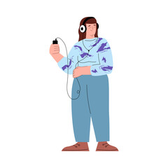 Obraz premium Body positive chubby woman listening music, flat vector illustration isolated.