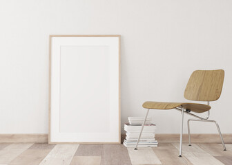 Image 3D. White wall with empty frame. Front  view with light colored parquet. Decorated with chair and books on the floor. Light natural
