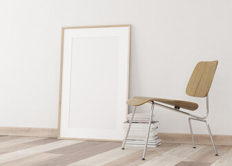 Image 3D. White wall with empty frame. Profile view with light colored parquet. Decorated with chair and books on the floor. Light natural