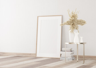 Image 3D. White wall with empty frame with light colored parquet. Small table detail with decorative vases and books on the floor