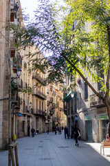 Narrow street in the old part of the city in Barcelona city