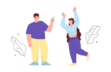 Cheerful positive overweight man and woman, flat vector illustration isolated.