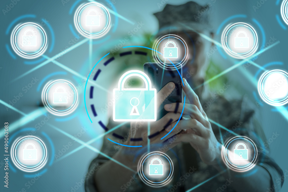 Poster businessman holds an open padlock icon on his palm.unlocking a virtual lock. business concept and te