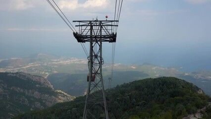 Mountain views from the cable car cabin to the top of Tahtali and the sea near the coast of Kemer Antalya Turkey