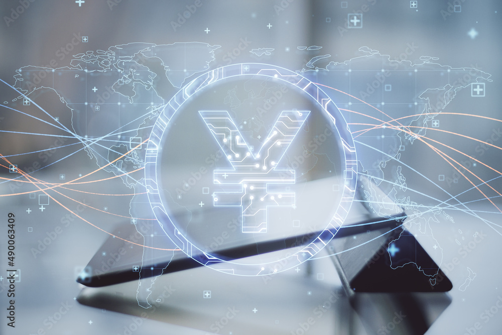 Poster close up of tablet with abstract glowing blue yen sign and map with charts on blurry background. cur