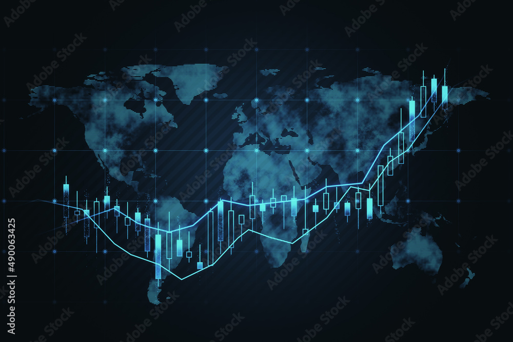 Poster glowing map and forex chart hologram on dark wallpaper. trade, finance and stock concept. 3d renderi