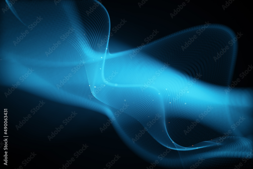 Poster creative glowing blue wave hologram on dark backdrop. technology and metaverse concept. 3d rendering