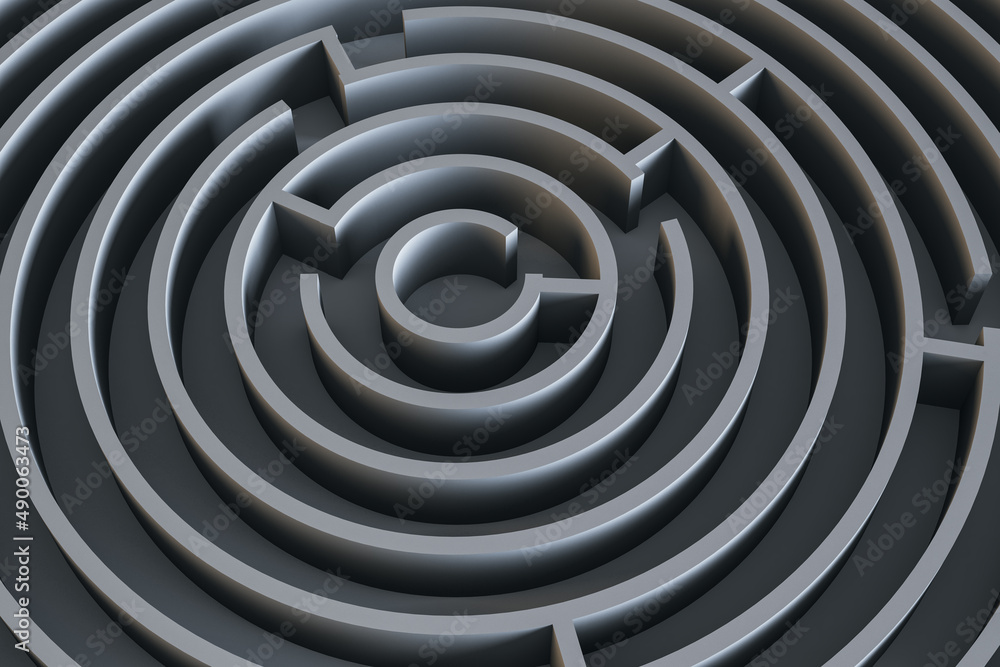 Aufkleber Top view of creative round maze background. Solution and way out concept. 3D Rendering.