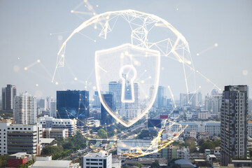 Abstract glowing polygonal sphere with glowing digital padlock shield on blurry bright city background. Safety, protect and technology concept. Double exposure.