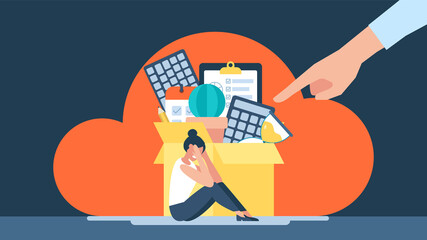 Firing from a job. Job cuts. Dismissal employee. Business illustration. Fired sad female office worker sitting on the floor and crying. Unemployment and Jobless concept. Flat style design