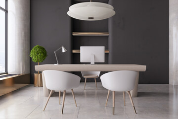 Clean concrete office interior with workplace and window with city view. 3D Rendering.