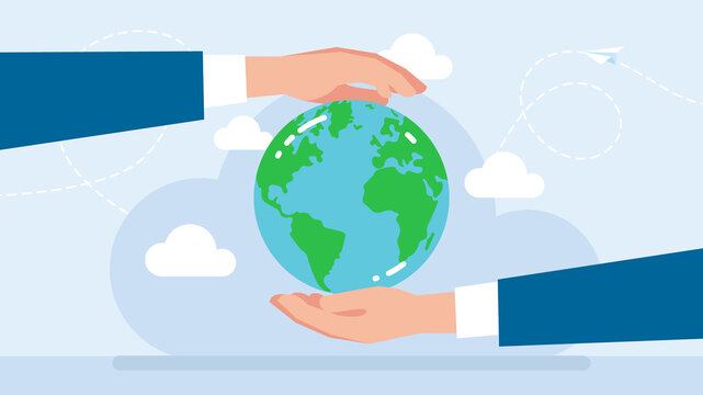 Saving the planet. Environmental protection. Flat illustration. Hands of businessmen and politicians hold the planet. Natural resources protection. The Metaphor of environmental friendliness.