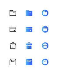 Online shopping icons set design. Contains such as wallet, e-money, gift, and box. Vector illustration Eps 10