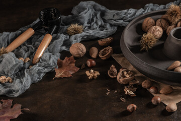 Modern design black ceramic bowl with walnuts, hazelnuts, almonds, chestnut hedgehogs on dark...