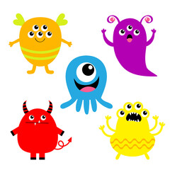 Happy Halloween. Monster set icon. Kawaii cute cartoon baby character. Funny face head body colorful silhouette. Hands up, eyes, horn, fang teeth tongue. Sticker print. Flat design. White background.