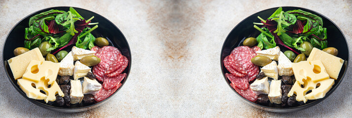 snack plate cheese, sausage, olive, bread stick fresh appetizer meal food snack on the table copy space food background