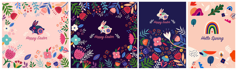 Happy Easter illustrations. Colorful floral illustration with rabbit. Happy easter greeting card with decorative easter bunny	