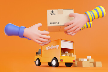 Cartoon hand accepting a delivery of boxes from deliveryman. - obrazy, fototapety, plakaty