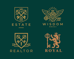 Royal key logos. Luxury real estate brand icon set. Elegant gold property keys symbol collection. Premium golden design element illustration vector pack.