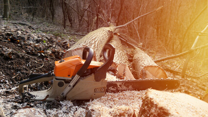 Chainsaw on the ground in the woods surrounded by cut wood and sawdust. Winter sunset outdoor...