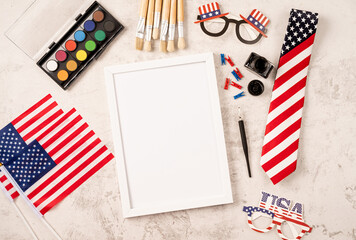 Fototapeta na wymiar Blank frame for mockup design with USA independence day party elements top view flat lay