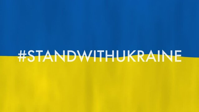 Hashtag With Text Stand With Ukraine On Background Of Fluttering Ukraine Flag