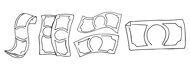 Money received by hand. Doodle dollar bills and coins vector set. Money cash doodle, coins sketch finance banknotes illustration