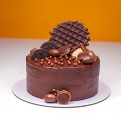 Homemade chocolate cake decorated with sweets