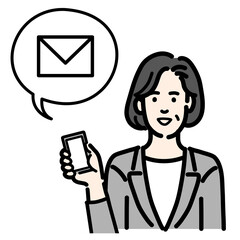 スマートフォンを持ってメールの説明をしているグレーのスーツを着た中年女性
