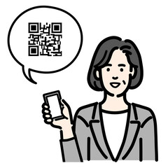 スマートフォンを持ってQRコードの説明をしているグレーのスーツを着た中年女性
