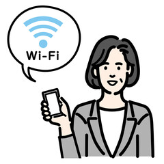 スマートフォンを持ってWi-Fiの説明をしているグレーのスーツを着た中年女性
