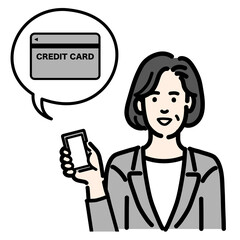 スマートフォンを持ってクレジットカードの説明をしているグレーのスーツを着た中年女性
