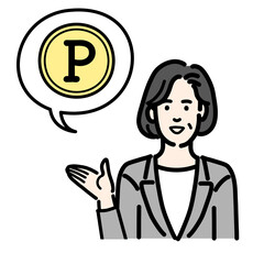 ポイントの説明をしているグレーのスーツを着た中年女性
