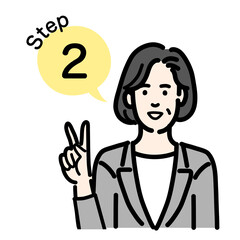 ステップ2　工程を説明するグレーのスーツを着た中年女性
