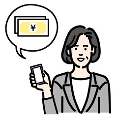 スマートフォンを持ってお金の説明をしているグレーのスーツを着た中年女性

