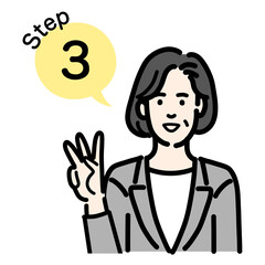 ステップ3　工程を説明するグレーのスーツを着た中年女性
