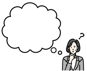 吹き出し　考えているグレーのスーツを着た中年女性
