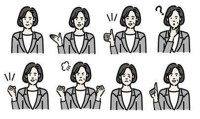 グレーのスーツを着た中年女性の仕草、ジェスチャーのセット
