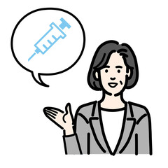 ワクチン、予防接種の説明をしているグレーのスーツを着た中年女性
