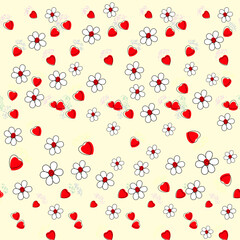 Seamless pattern with flowers and hearts for fabric or wrapping paper, holiday background. Vector digital wallpaper for girls. 
