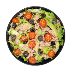 salade, avocat, thon, tomates dans une bowl sur fond blanc