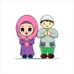 Pair of islamic woman and man character in cartoon style illustration