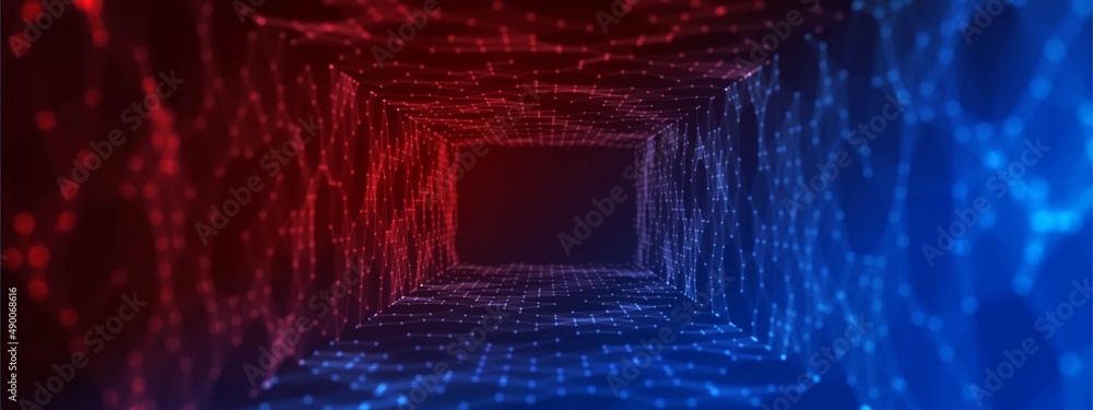 Poster neon background frame. mosaic tunnel design, grid of paths. digital network pattern, glow particles,