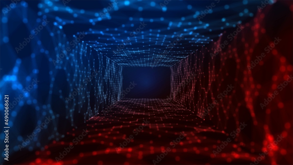 Poster neon background frame. mosaic tunnel design, grid of paths. digital network pattern, glow particles,