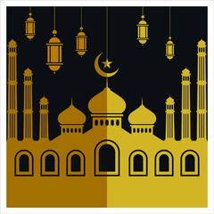 Islamic square background with silhouette of mosque and lantern illustration in gold color