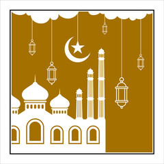Islamic square gold background with mosque and lantern illustration