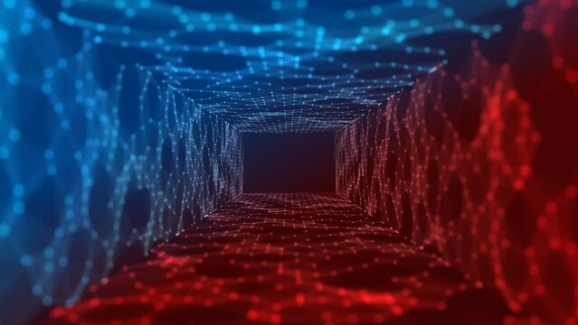 Animated background logo frame, icon. Design a moving tunnel of fire and ice. The texture of glowing neon connecting lines, triangles, dots. Living walls. Outer space. The Milky Way. Shards of glass. 